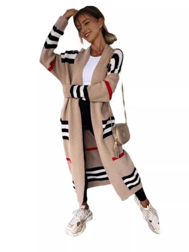 Cardigan long femme – Maille laine – Coupe oversize – Rayures – Ouverture frontale