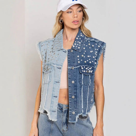 Veste en jean femme – Coupe courte – Sans manches – Effet usé – Clous décoratifs