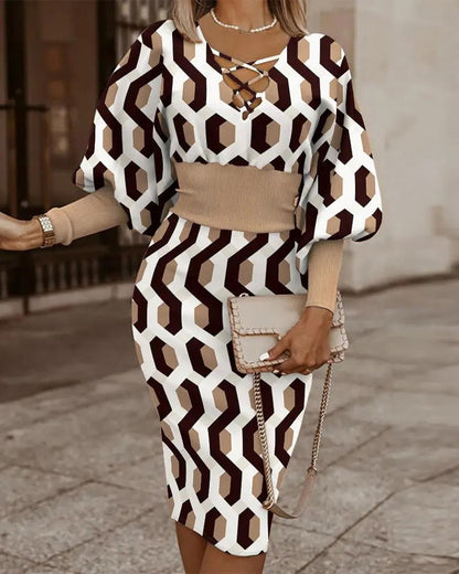 Robe moulante femme – Motif à carreaux – Manches longues – Col en V croisé – Taille cintrée