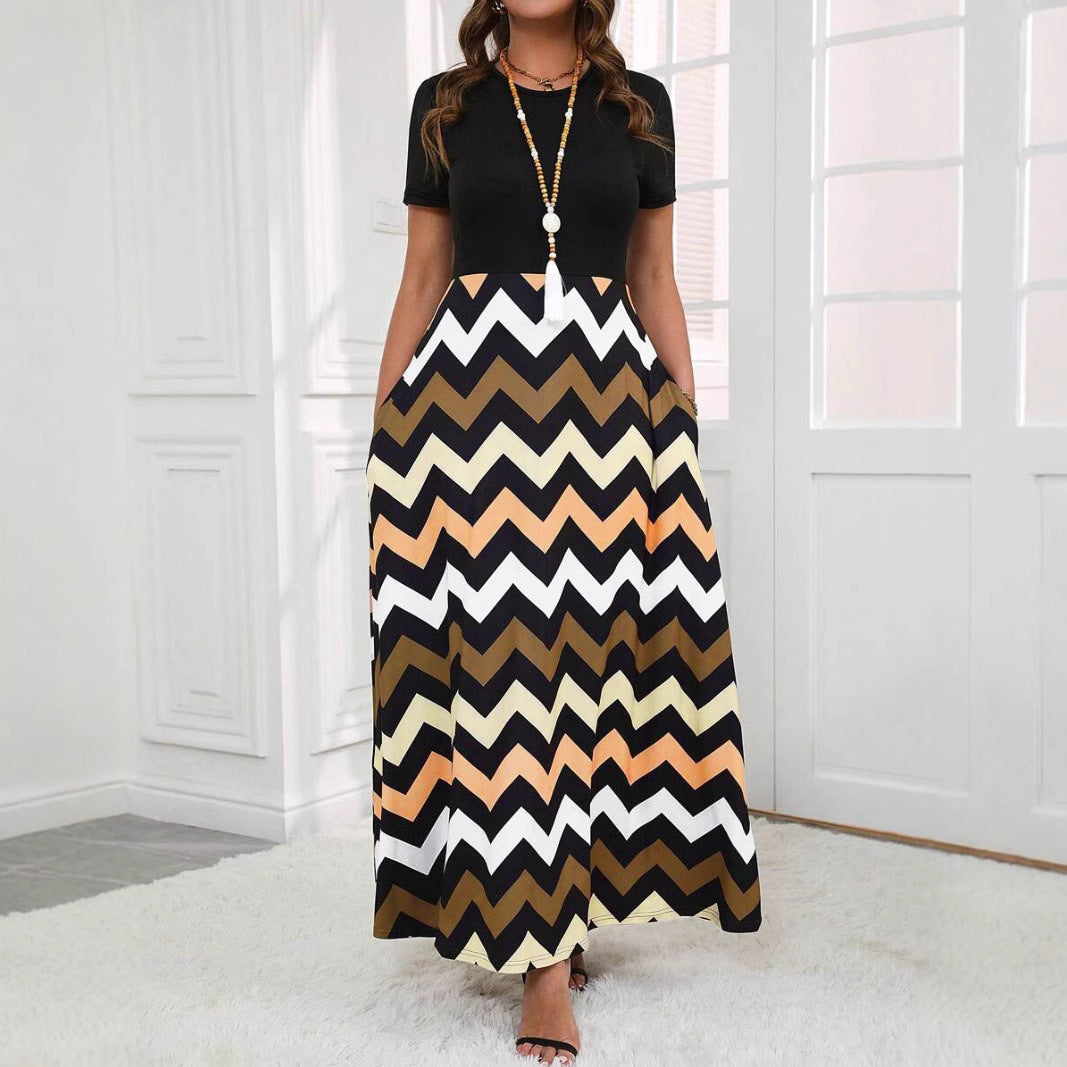Robe longue femme – Coupe fluide – Imprimé vague – Manches courtes – Poches pratiques