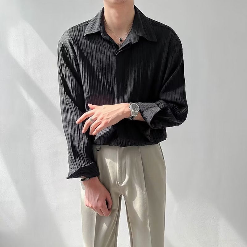 Chemise unisexe manches longues – coupe oversize – tissu froissé texturé – col classique