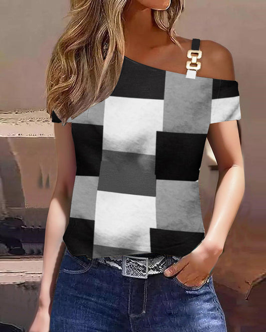 Top femme à manches courtes – Coupe décontractée – Épaule nue – Motif géométrique – Coton