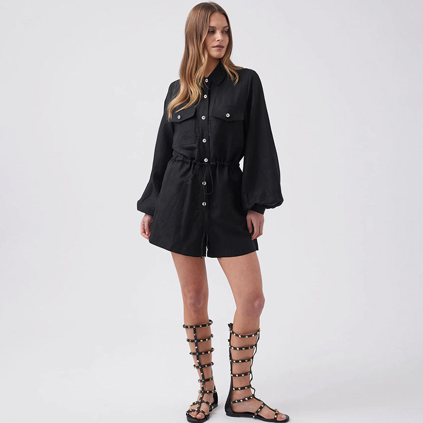 Combinaison Short Femme – Coton Lin – Manches Longues – Taille Cordon – Boutons Devant