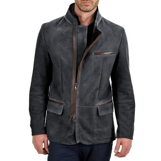 Veste homme – Coupe slim – Col montant – Fermeture zippée asymétrique – Multi-poches