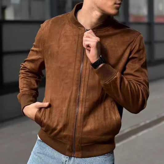 Blouson aviateur en daim pour homme - Veste zippée décontractée - Poignets et ourlet côtelés
