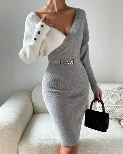 Femme Robe Midi - Maille Côtelée - Coupe Slim - Col V Profond - Manches Longues