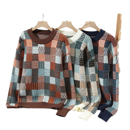 Homme Pull - Maille - Coupe Décontractée - Col Rond - Manches Longues - Motif Damier
