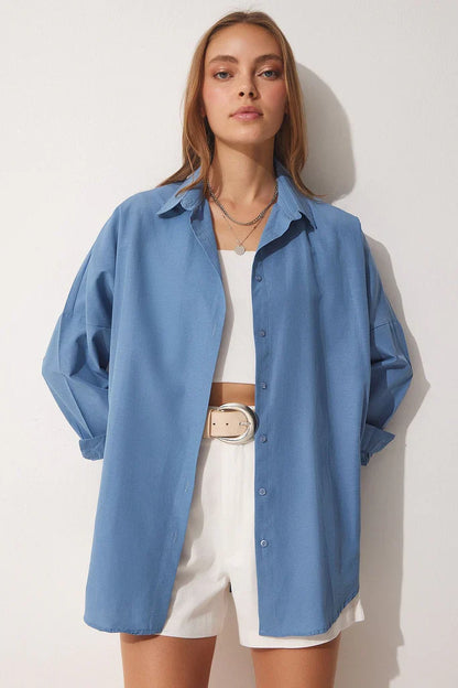 Blouse femme oversize – Coton doux – Manches longues – Boutonnée – Col classique