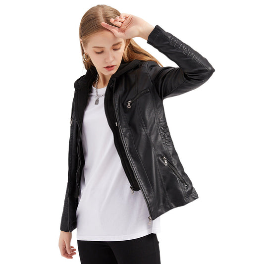 Veste à capuche femme – Simili cuir – Coupe cintrée – Capuche amovible – Poches zippées