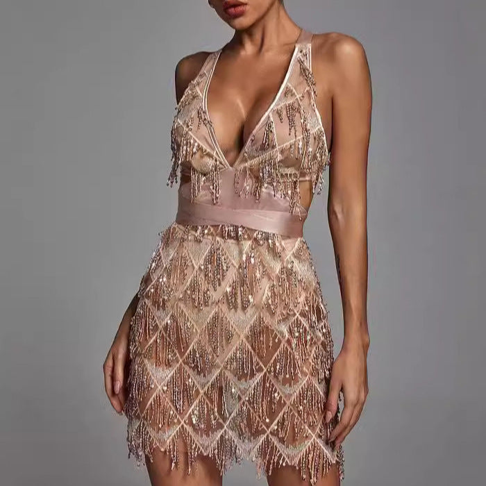 Robe midi femme – Coupe ajustée – Décolleté plongeant – Sequins et franges élégantes