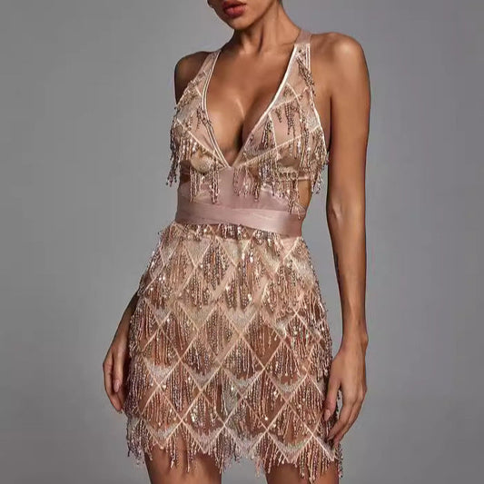 Robe midi femme – Coupe ajustée – Décolleté plongeant – Sequins et franges élégantes
