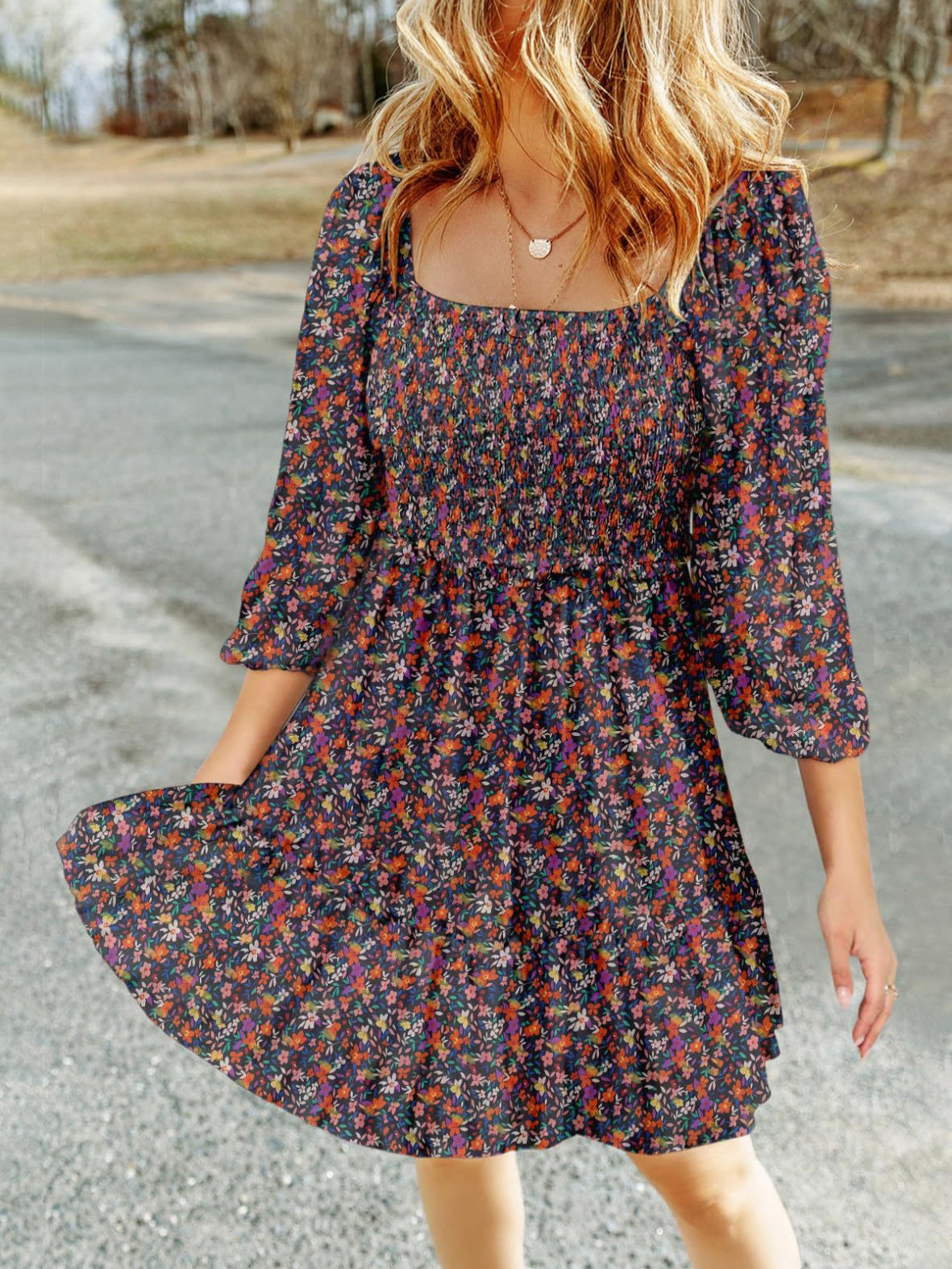 Robe femme évasée – Coton léger – Manches bouffantes – Col rond – Imprimé fleuri