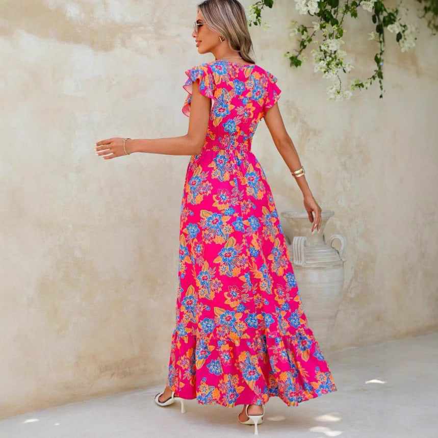 Robe longue sans manches femme – Imprimé fleuri – Col en V – Taille élastiquée – Coupe fluide