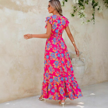 Robe longue sans manches femme – Imprimé fleuri – Col en V – Taille élastiquée – Coupe fluide