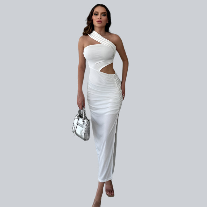 Robe longue asymétrique élégante à une épaule et découpes pour femme