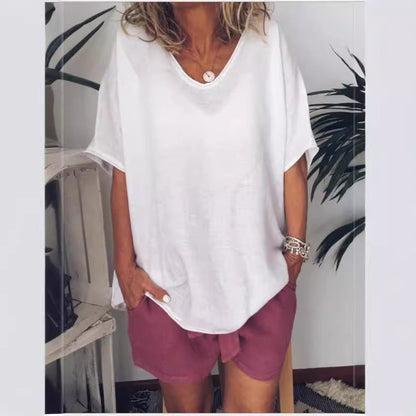 T-shirt femme – Coupe décontractée – En coton et lin – Col V – Manches courtes