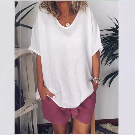 T-shirt femme – Coupe décontractée – En coton et lin – Col V – Manches courtes