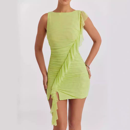 Robe moulante femme – Sans manches – Dos nu – Volant asymétrique – Mini coupe
