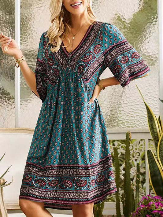 Robe bohème femme – Décolleté en V – Manches courtes – Imprimé ethnique