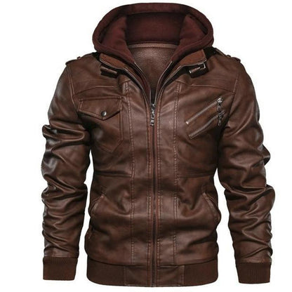 Veste en cuir à capuche pour homme - Fermeture éclair - Coupe décontractée