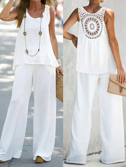 Ensemble Femme Deux Pièces – Linnen – Haut Sans Manches Crochet – Pantalon Large Taille Haute