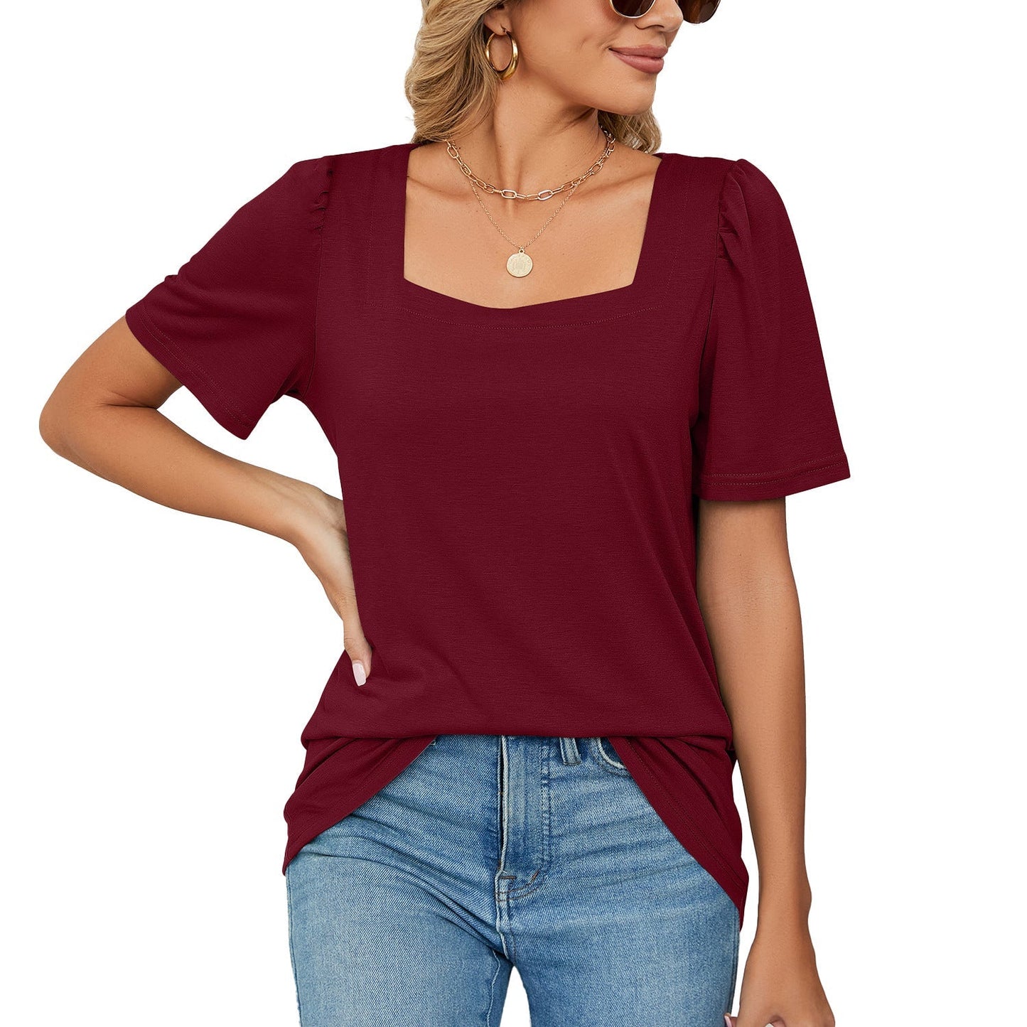 T-shirt femme – Encolure carrée élégante – Manches bouffantes – Maille douce coupe ample
