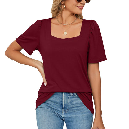 T-shirt femme – Encolure carrée élégante – Manches bouffantes – Maille douce coupe ample
