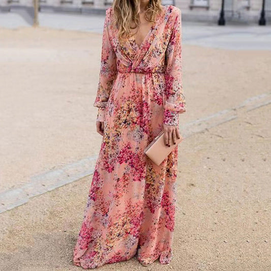 Robe longue femme – Tissu respirant – Décolleté en V – Manches transparentes – Taille cintrée
