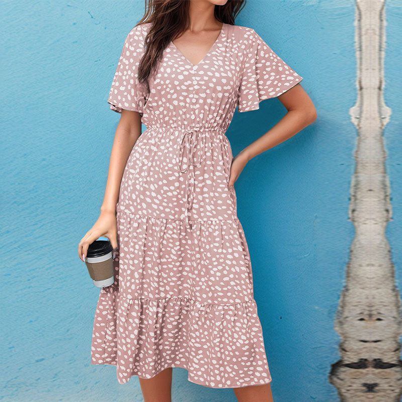 Robe midi femme – Coupe évasée confortable – Manches bouffantes – Boutonnée – Motif à pois