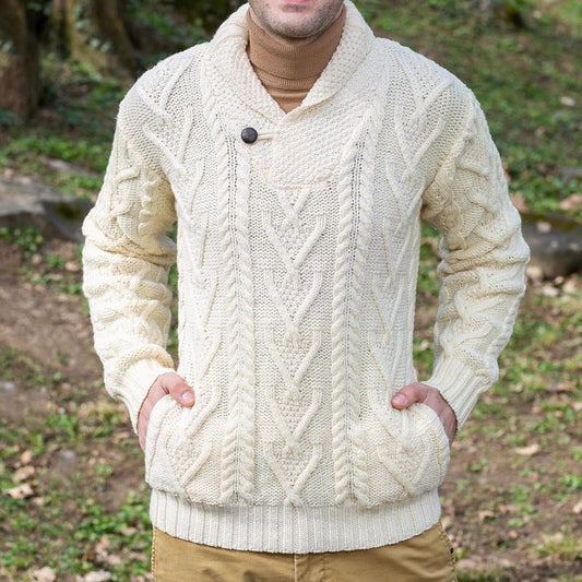 Pull homme – Maille torsadée – Coupe décontractée – Col châle avec bouton