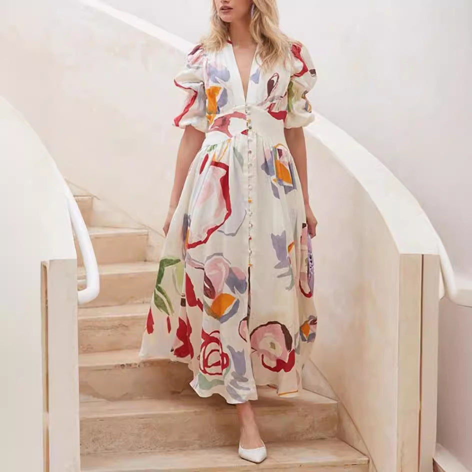 Robe longue femme – Fibres naturelles – Coupe fluide – Manches ballon – Imprimé abstrait