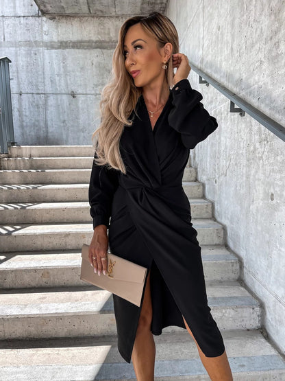 Robe midi femme – Coupe cintrée – Décolleté en V – Manches longues – Fente devant