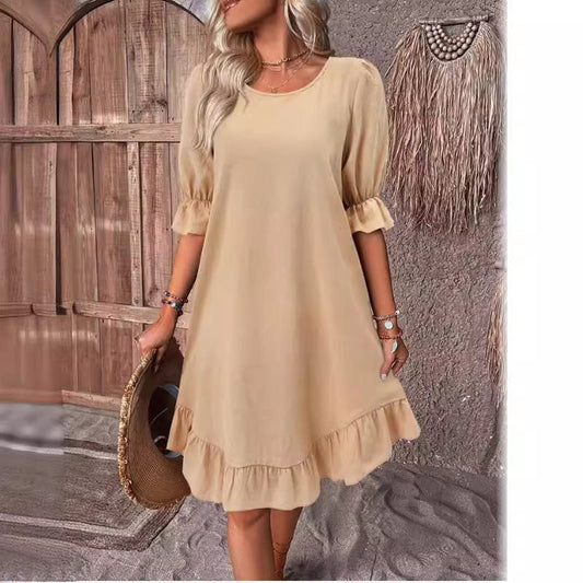 Robe midi femme – Coupe fluide – Manches volantées – Ourlet à volants – Tissu respirant