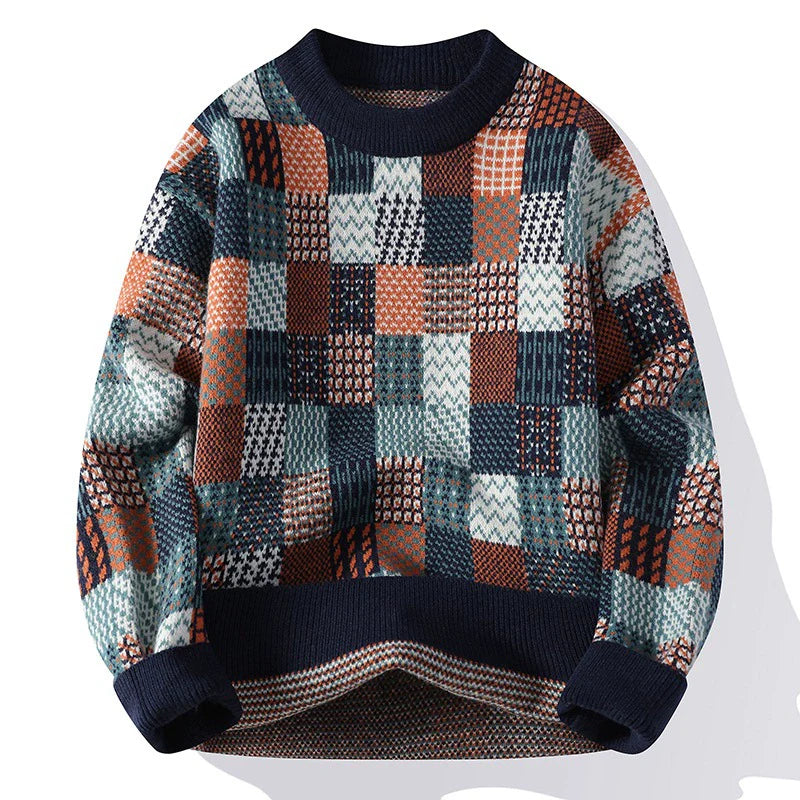 Homme Pull - Maille - Coupe Décontractée - Col Rond - Manches Longues - Motif Damier