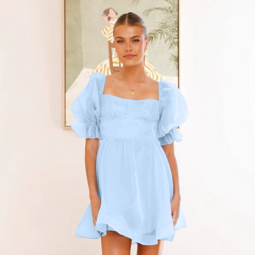 Robe mini femme – Manches bouffantes – Encolure carrée – Jupe évasée – Tissu vaporeux