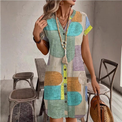 Robe femme décolletée – Coupe droite fluide – Motif géométrique – Tissu respirant