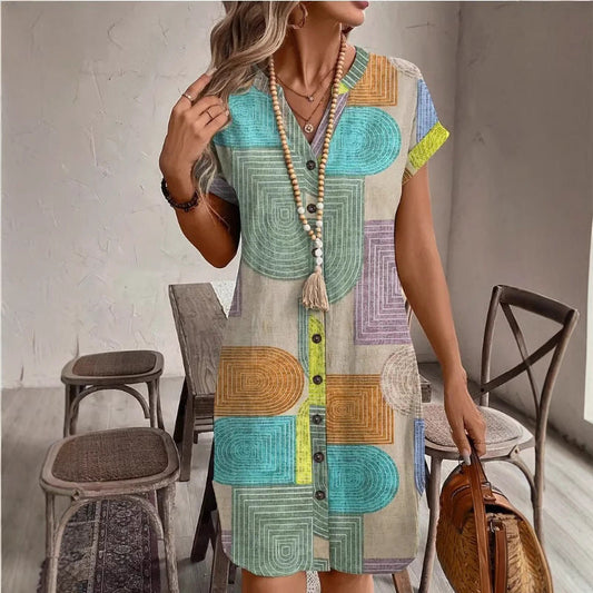 Robe femme décolletée – Coupe droite fluide – Motif géométrique – Tissu respirant
