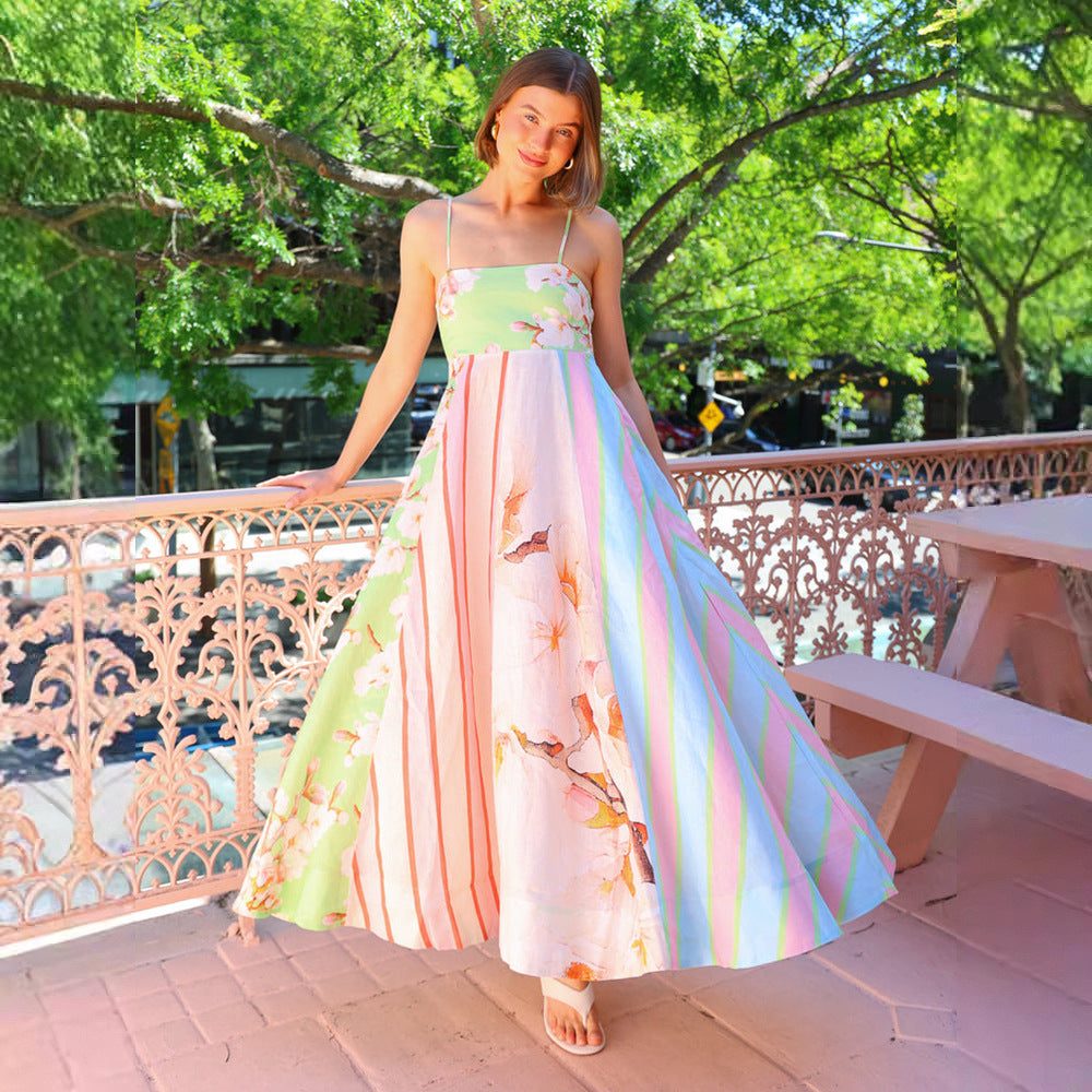 Robe longue femme – Coupe fluide – Bretelles fines – Motif graffiti floral coton