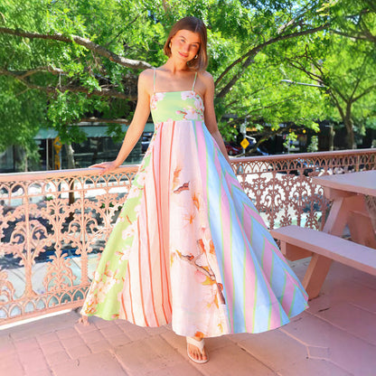 Robe longue femme – Coupe fluide – Bretelles fines – Motif graffiti floral coton