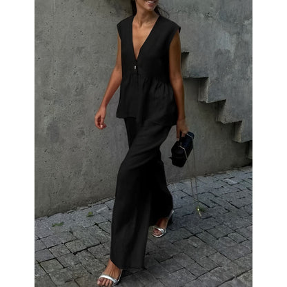 Ensemble deux pièces femme – Haut péplum sans manches col V – Pantalon fluide long