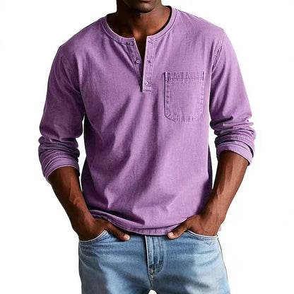 T-shirt manches longues homme – Coupe slim – Tissu respirant – Col boutonné avec poche