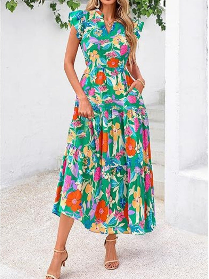 Robe mi-longue femme – Décolleté en V – Manches volantées – Coupe fluide – Tissu respirant – Motif imprimé