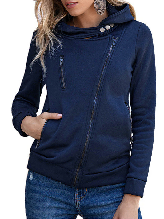 Sweat-shirt femme – Coupe ajustée – Coton – Capuche – Fermeture zippée asymétrique