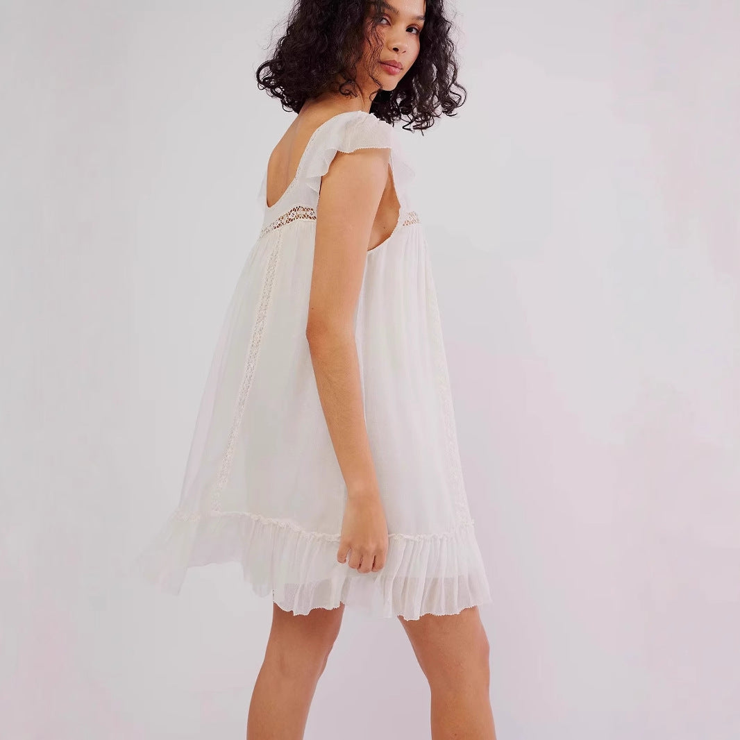 Robe femme sans manches – Mini fluide en chiffon – Dentelle – Boutons – Ourlet volanté