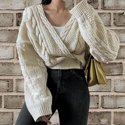 Gilet femme – Laine – Coupe décontractée – Court – Maille torsadée – Boutons