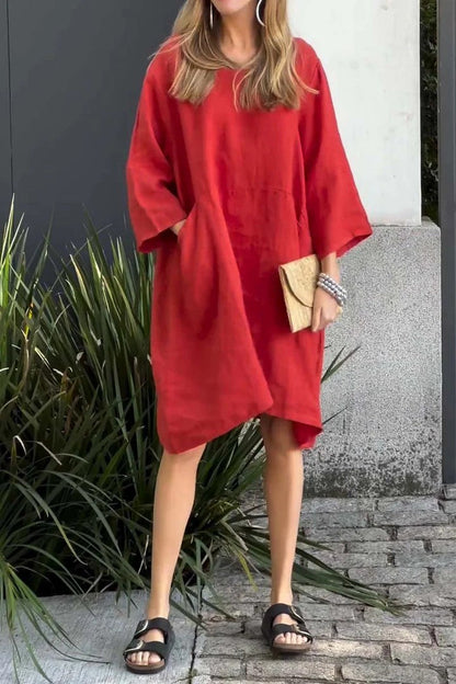 Robe femme – Coupe droite – Tissu coton lin – Manches 3/4 – Longueur genou – Poches