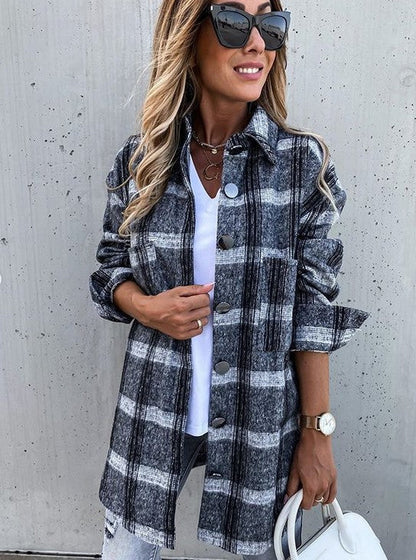 Veste femme à carreaux – Coupe oversize – Tissu effet laine – Longueur mi-cuisse