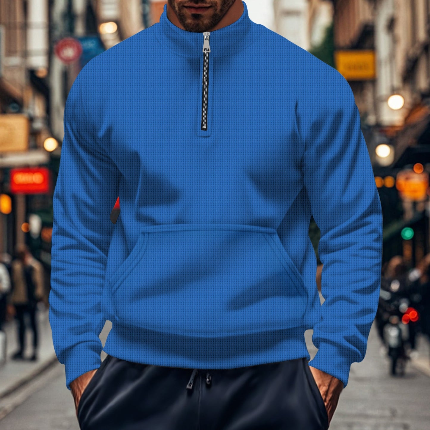 Sweat-shirt homme – Coupe décontractée – Demi-zip – Poche kangourou – Coton doux