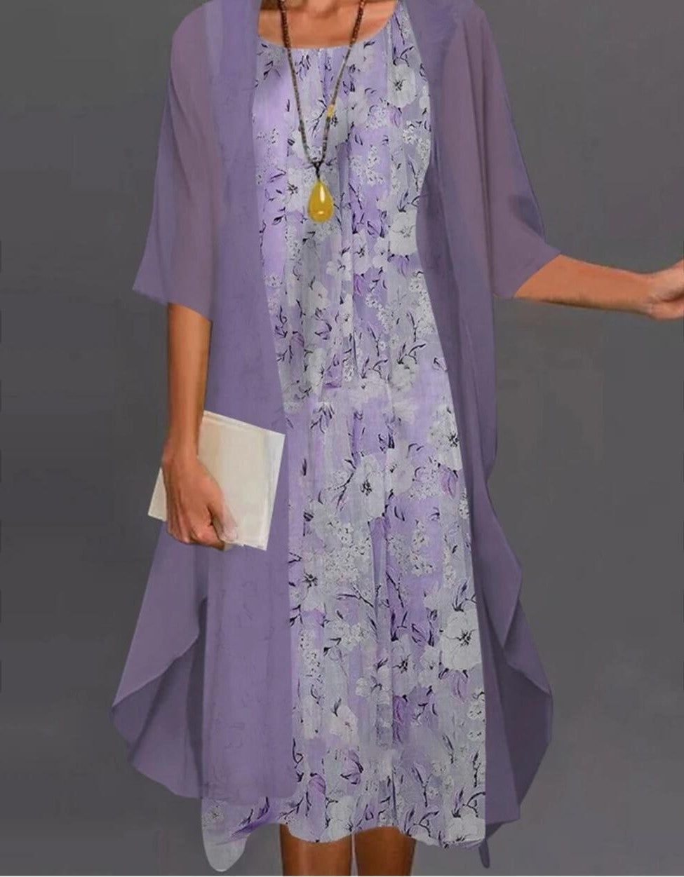 Robe Femme Ensemble Chiffon – Coupe Fluide – Imprimé Floral – Superposition Asymétrique