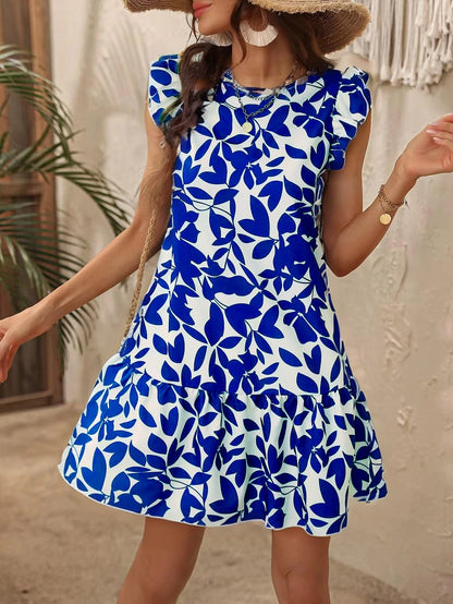 Kiera - Robe d'été pour femme – Manches à volants – Imprimé feuilles – Ourlet à volants – Style plage